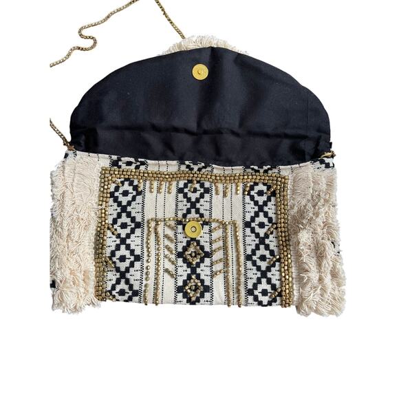 ANTIK KRAFT | Boho Chic Beaded Fringe Black & White w/Chain Strap Purse | EUC - Picture 7 of 9